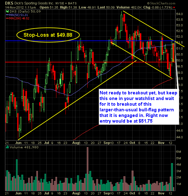 dicks sporting goods DKS long setup bull flag