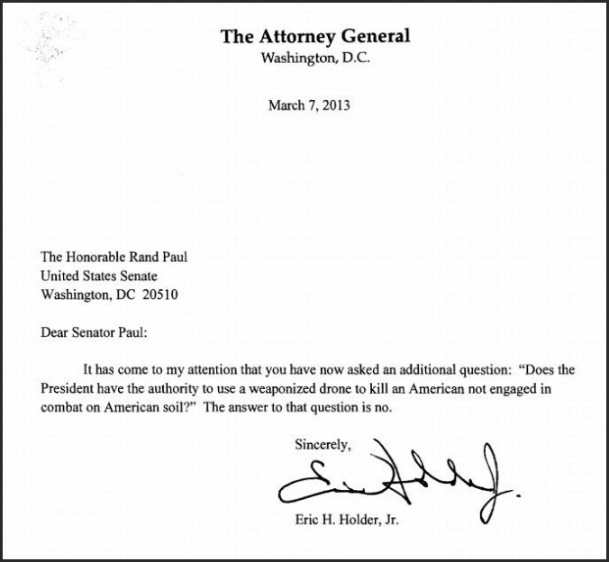 eric holder attorny general letter to rand paul it has come to my attention