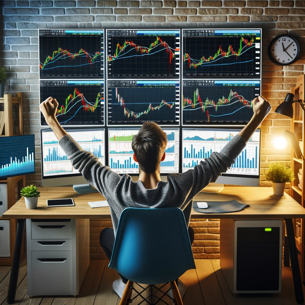 Enthusiastic trader analyzing stock market trends on multiple monitors, embodying successful swing trading strategies.