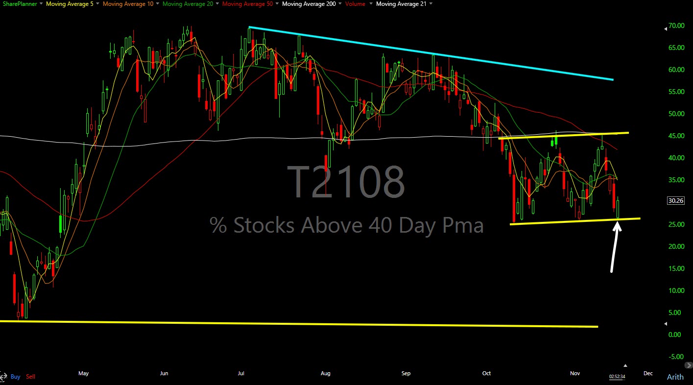T2108 showing relative strength vs the SPY.