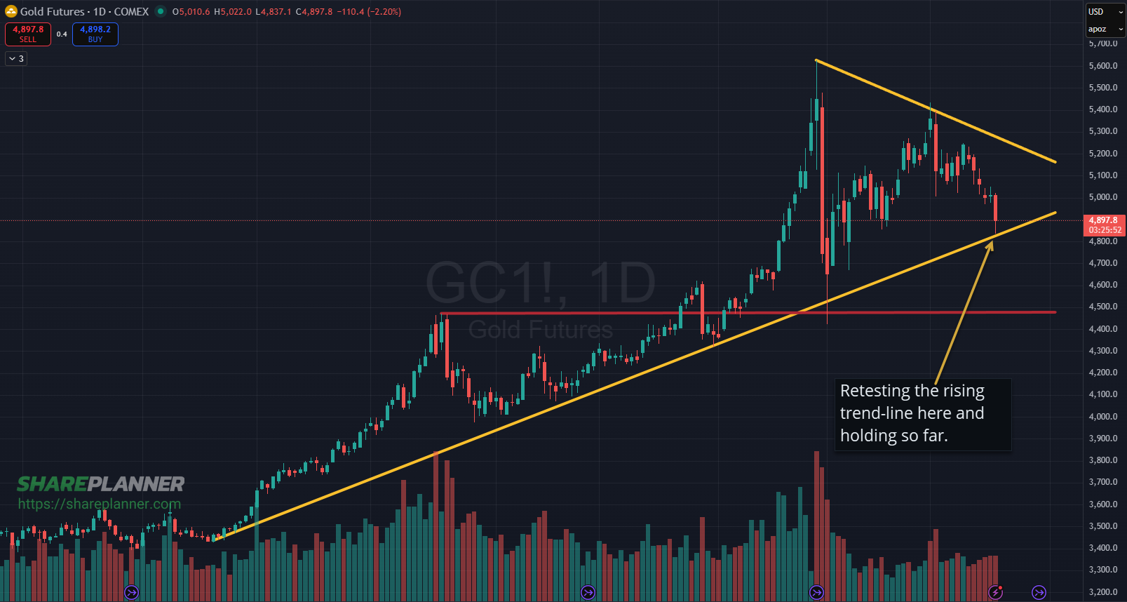 Gold (GLD) testing its rising trend-line.